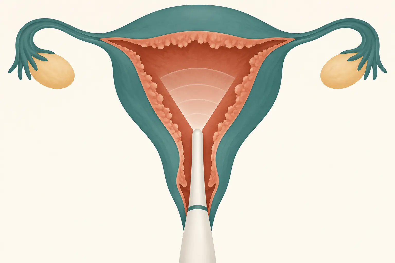Corte sagital do útero na pós-menopausa com endométrio espessado sendo avaliado por ultrassonografia transvaginal