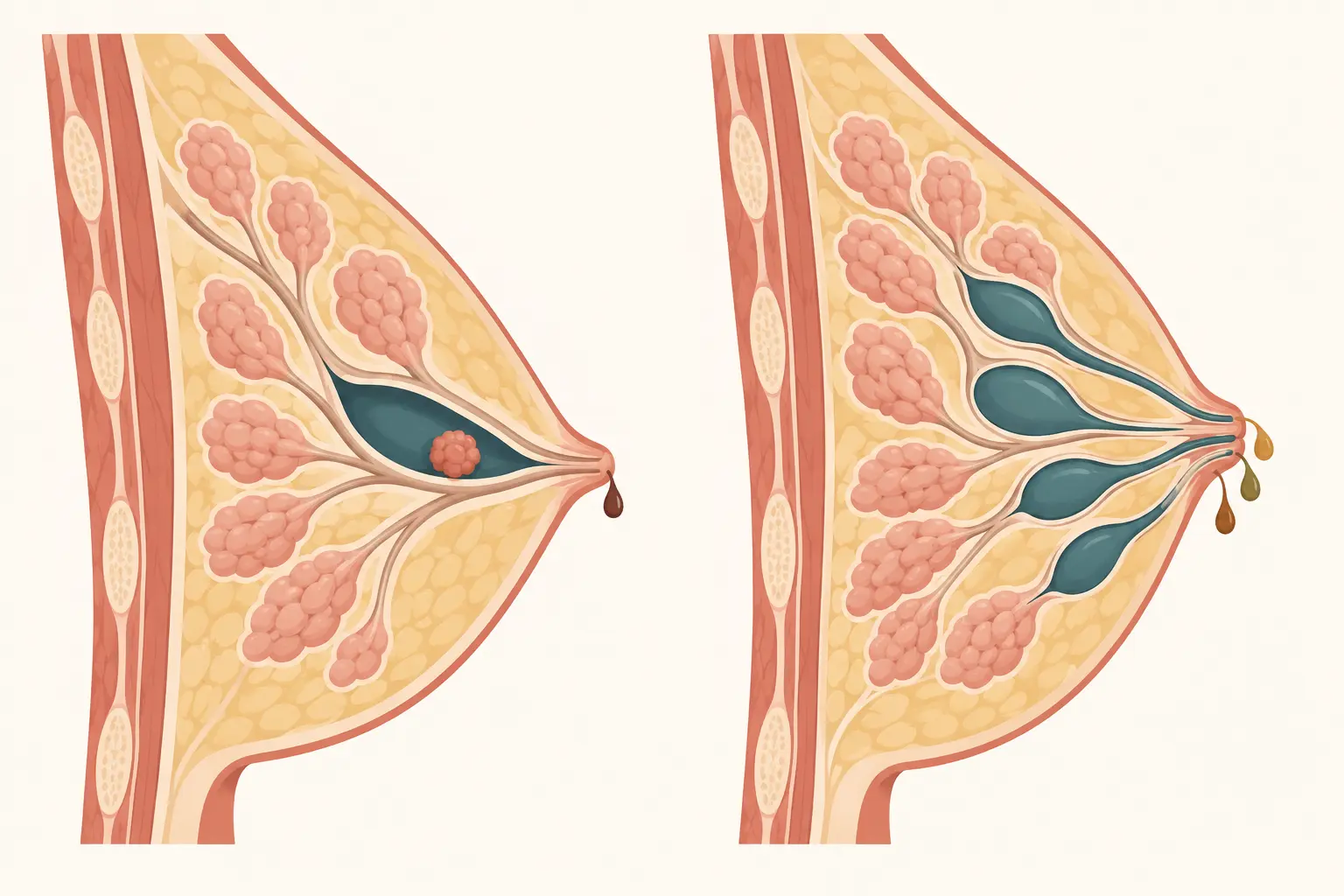 Esquema comparando descarga por um único ducto de uma mama, com lesão intraductal, e descarga por vários ductos das duas mamas, com secreção de várias cores.