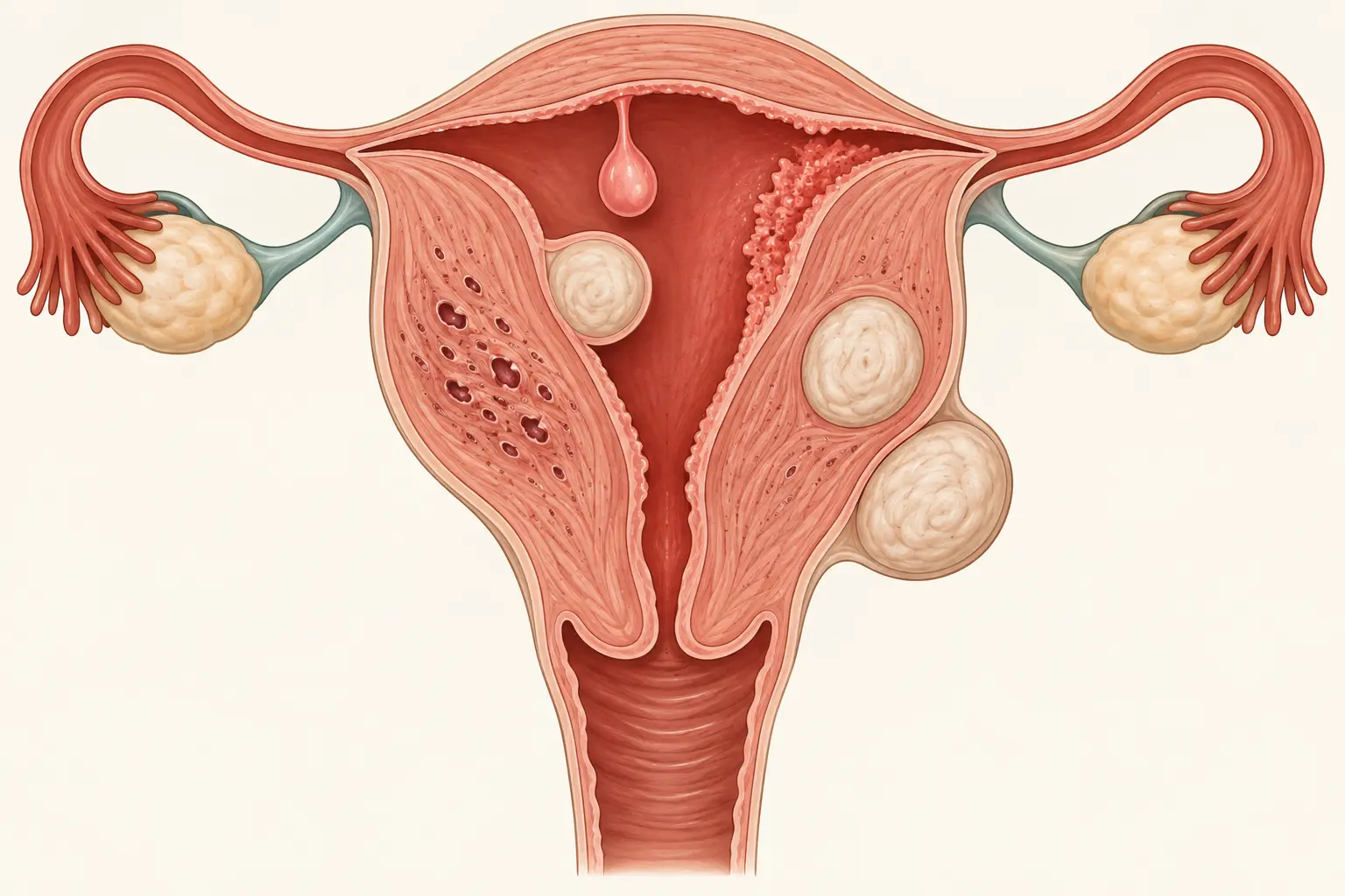 Corte frontal do útero mostrando pólipo endometrial, adenomiose na parede posterior, miomas submucoso, intramural e subseroso, e área de endométrio espessado irregular.