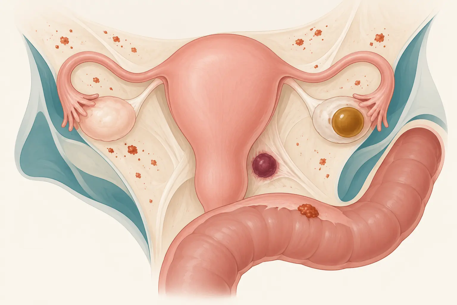 Ilustração da pelve feminina mostrando os principais sítios de endometriose: peritônio, ovário com endometrioma, região retrocervical e retossigmoide.