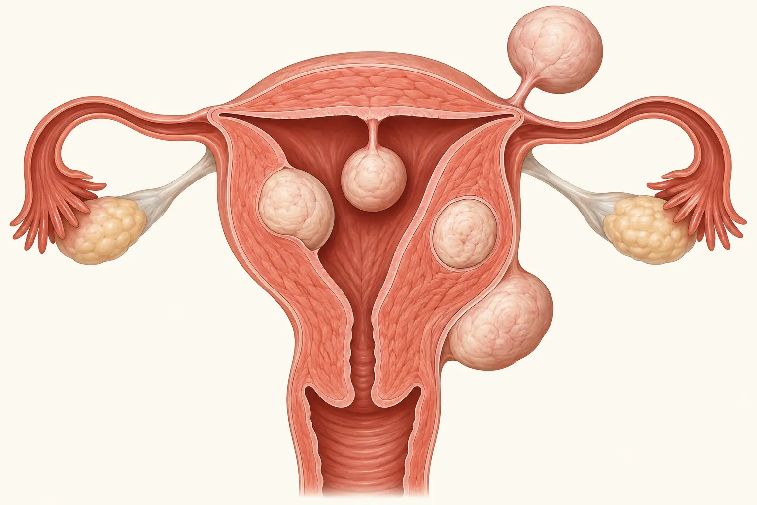 Corte coronal do útero com nódulos de mioma em todas as posições da classificação FIGO: intracavitário pediculado, submucoso, intramural, subseroso e subseroso pediculado.
