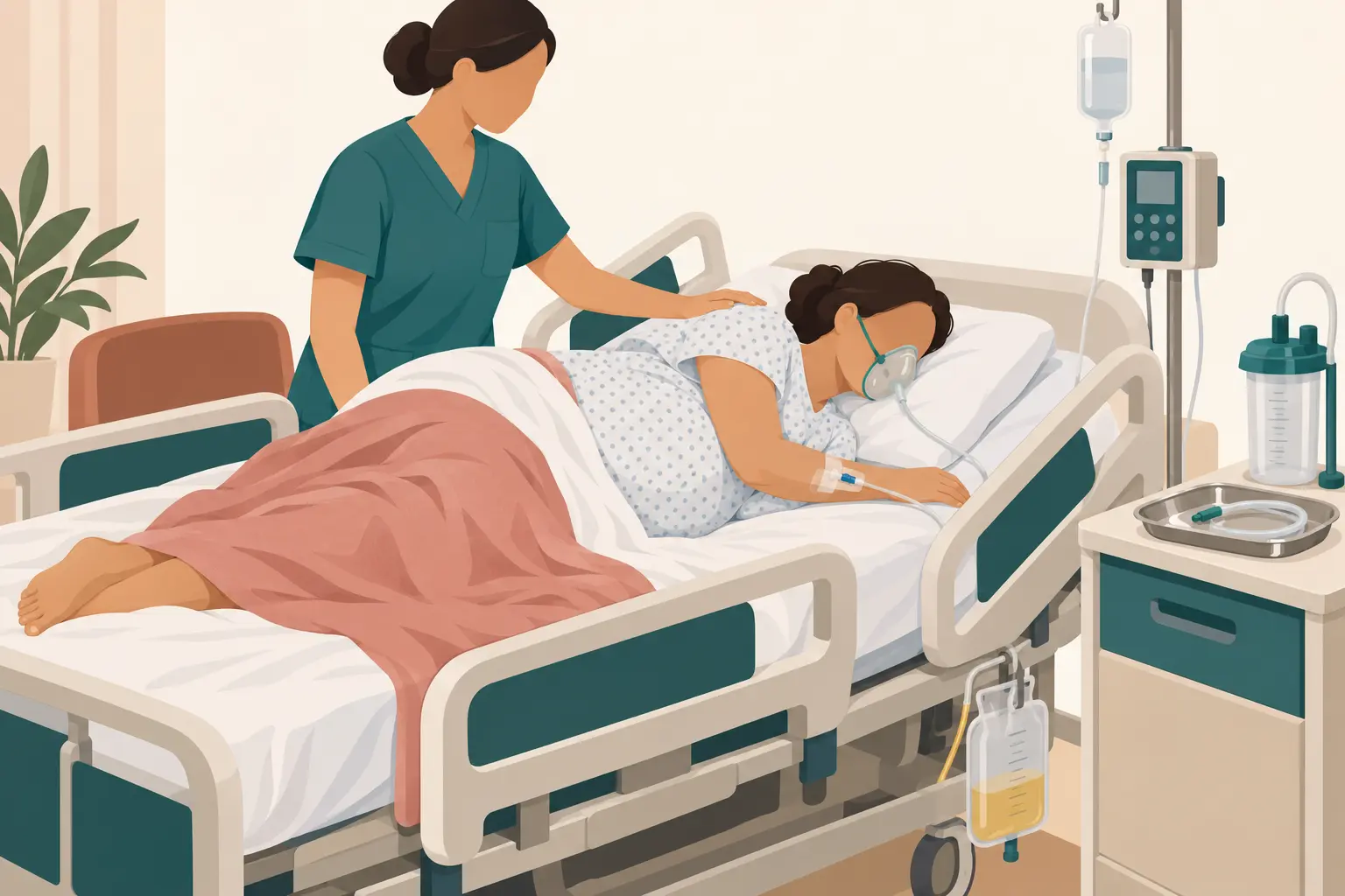 Gestante em decúbito lateral esquerdo com cabeceira elevada, máscara de oxigênio, aspirador ao lado do leito, acesso venoso em bomba de infusão, sonda vesical e grades elevadas; a enfermeira apoia o ombro sem conter os membros.