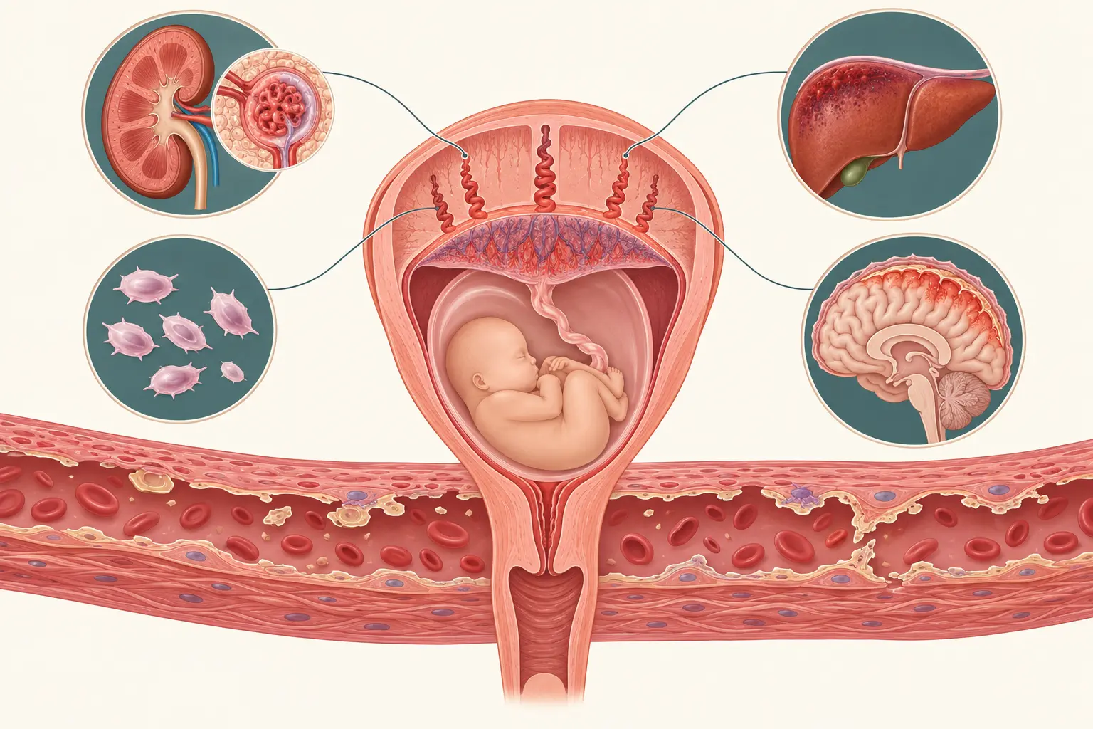 Esquema da placenta com artérias espiraladas estreitadas, ligada por linhas finas a rim, fígado, plaquetas e cérebro, sobre um vaso de endotélio lesado.