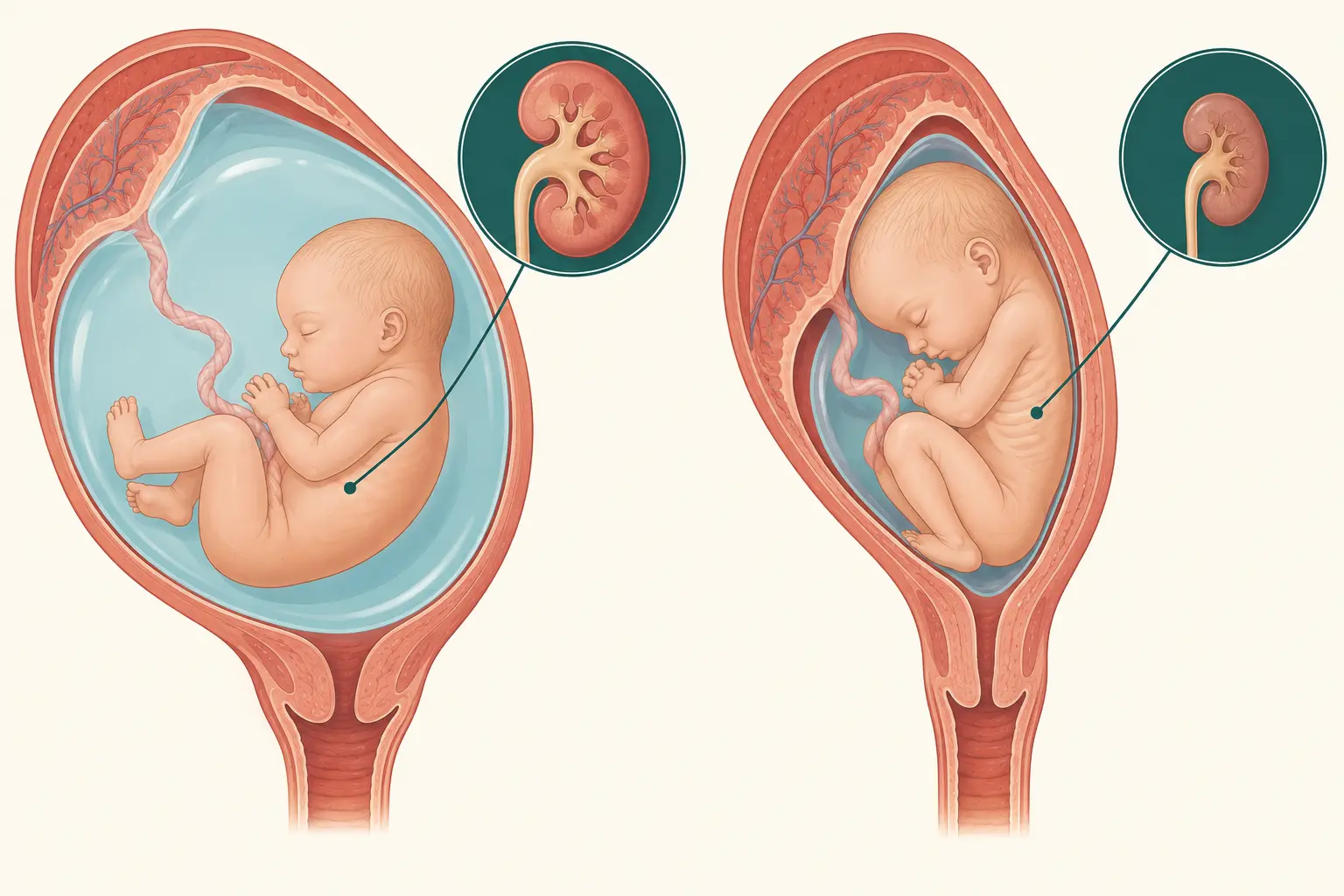 Dois cortes de útero gravídico lado a lado: à esquerda, líquido amniótico abundante, feto livre e rim fetal bem desenvolvido; à direita, oligoâmnio, feto comprimido com tórax estreito e rim fetal pequeno.