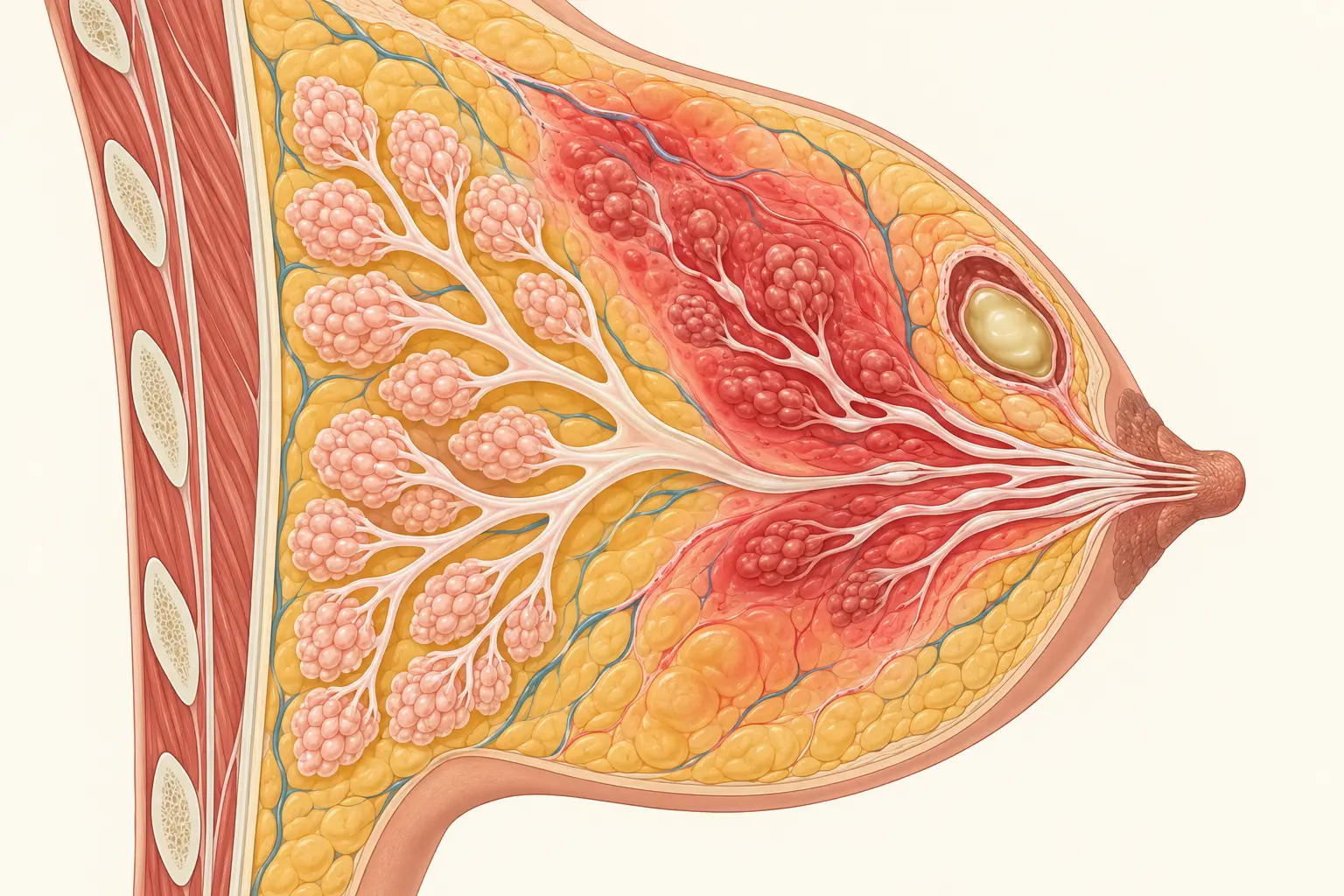 Corte sagital de mama lactante mostrando ductos normais, segmento inflamado com ductos estreitados e abscesso encapsulado.