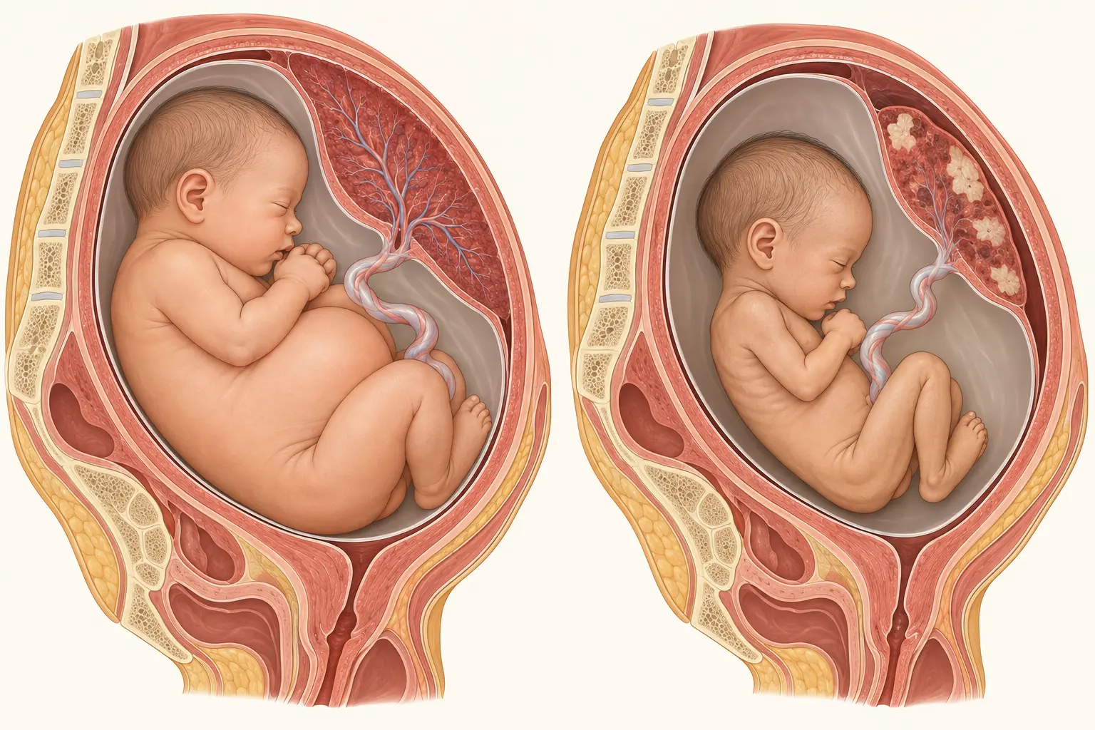 Comparação em corte de duas gestações no terceiro trimestre: à esquerda, feto com crescimento adequado e placenta espessa; à direita, feto com circunferência abdominal reduzida, gordura subcutânea escassa, cabeça relativamente preservada e placenta menor com áreas de infarto.