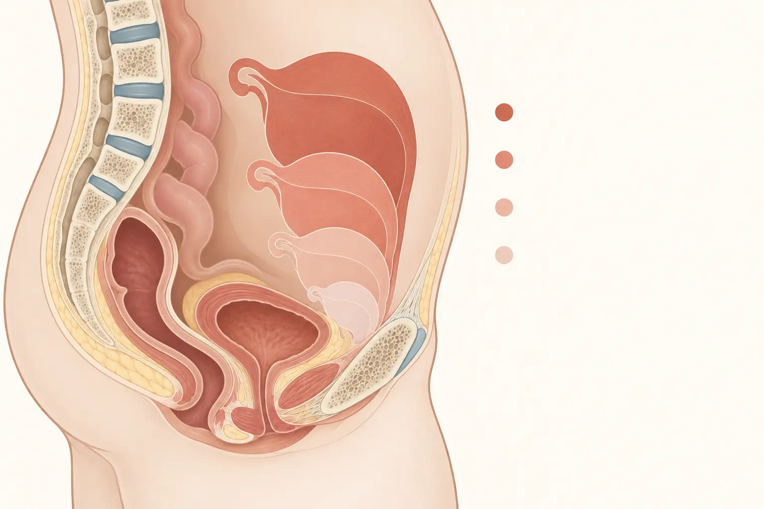 Corte lateral do abdome de uma puérpera com quatro contornos uterinos sobrepostos, do maior na altura da cicatriz umbilical ao menor atrás da sínfise púbica, marcando a descida do fundo uterino ao longo dos dias.