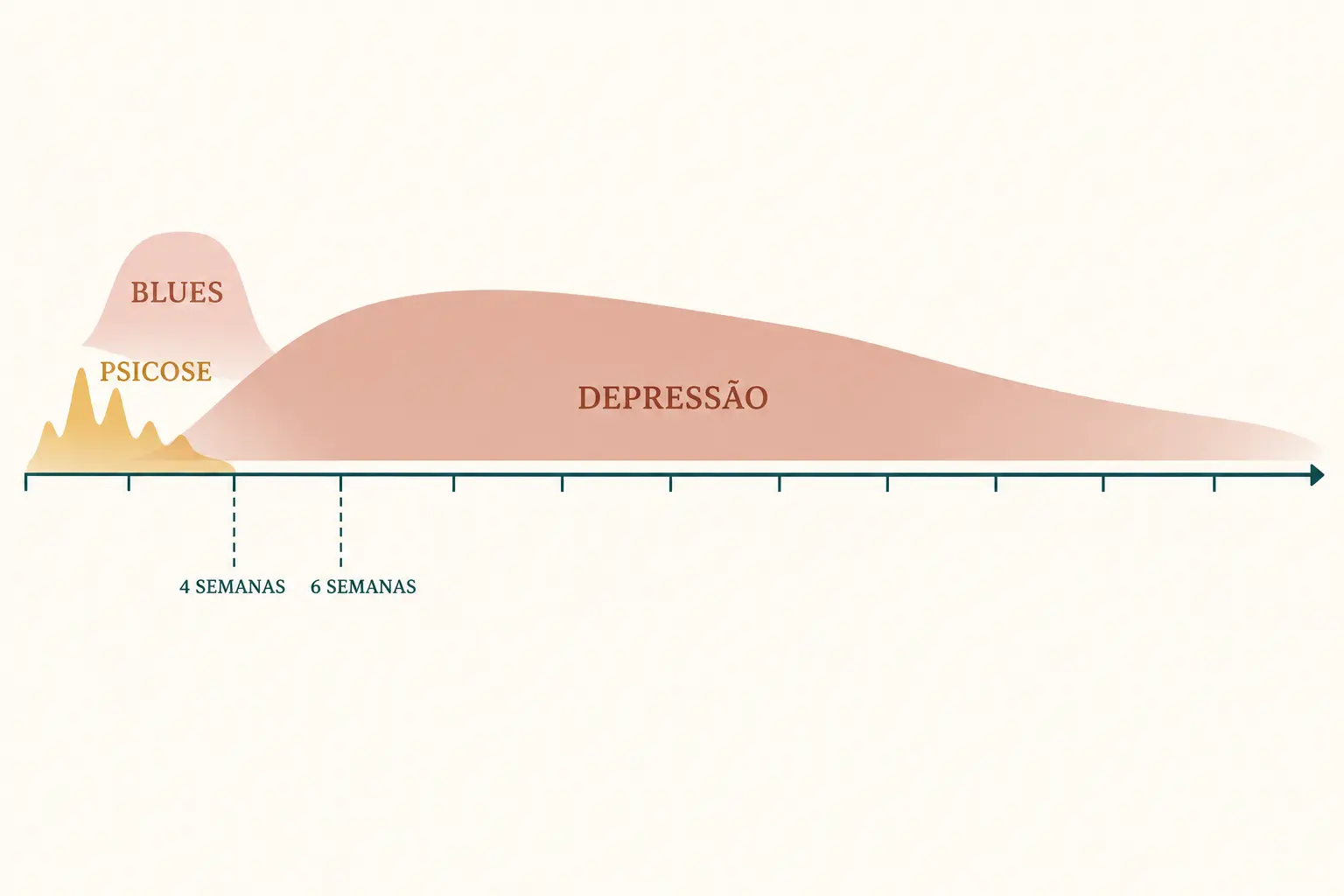 Linha do tempo dos primeiros doze meses após o parto com três faixas sobrepostas: uma faixa curta e estreita entre o 2º e o 14º dia (blues), uma faixa larga que começa por volta da segunda semana e se estende por meses (depressão) e uma faixa fina e recortada nas primeiras semanas (psicose). Duas linhas verticais tracejadas marcam as 4 e as 6 semanas.