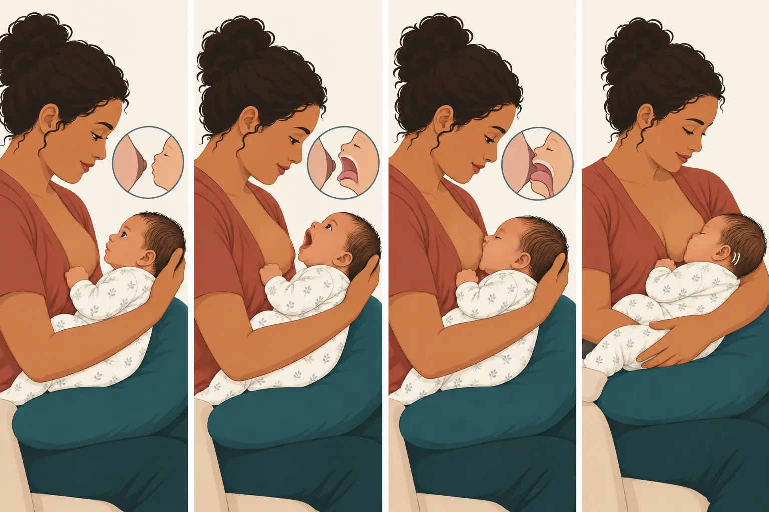 Sequência clínica de posicionamento e pega profunda, mostrando alinhamento corporal, boca amplamente aberta, queixo junto à mama e maior porção de aréola visível acima da boca.