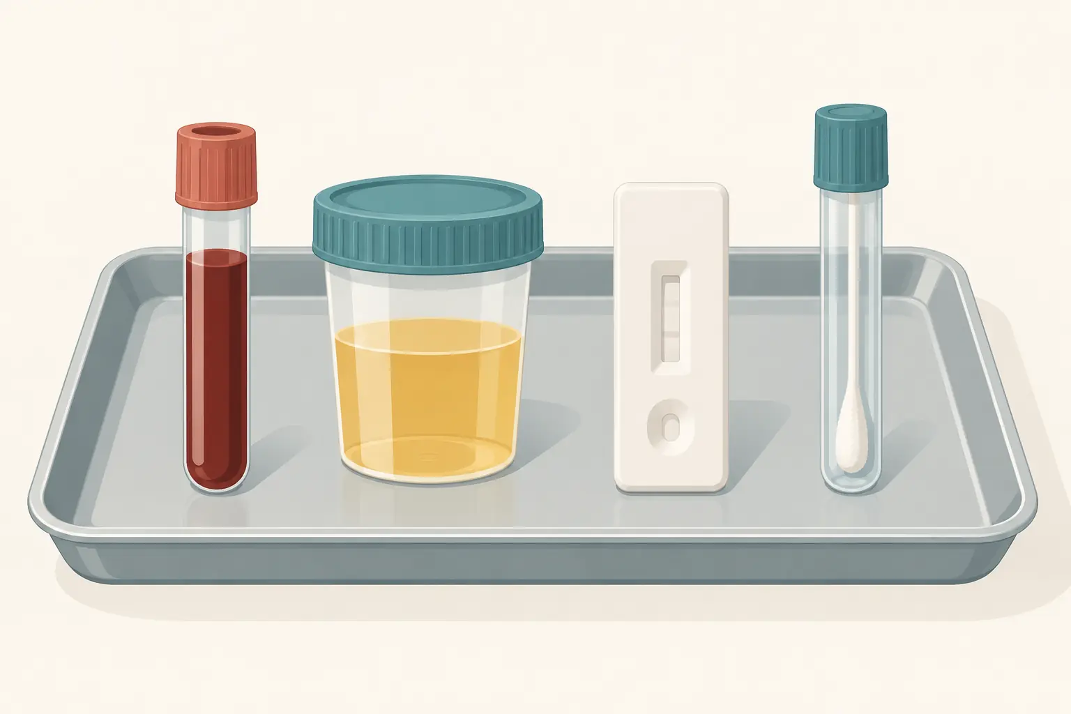Bandeja de coleta com tubo de sangue, frasco de urina, cassete de teste rápido e swab em meio de transporte.
