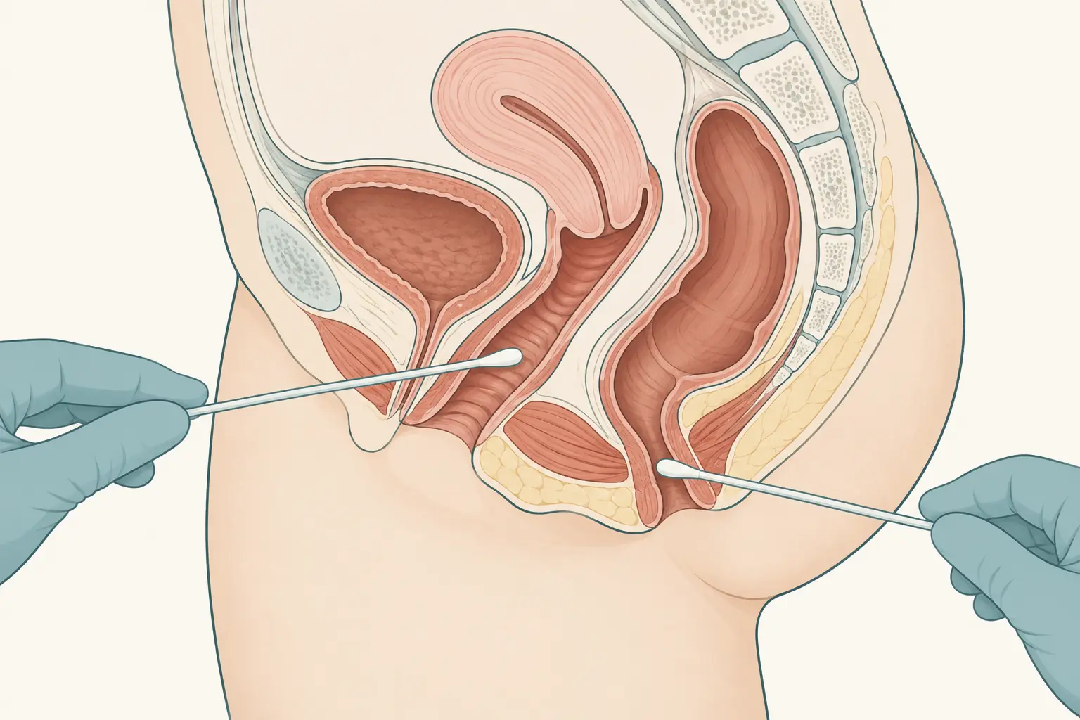 Corte esquemático em perfil mostrando a coleta do swab no terço inferior da vagina e no canal anal.