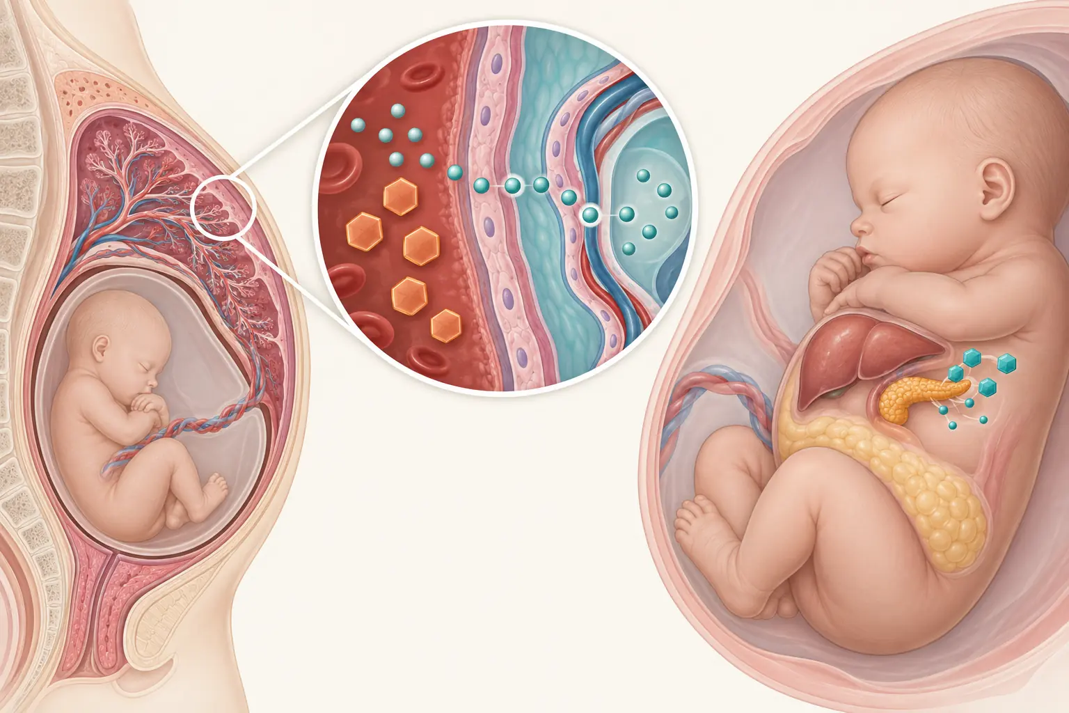 Corte esquemático da interface entre mãe, placenta e feto: partículas de glicose atravessam a barreira placentária livremente, enquanto as moléculas de insulina materna são detidas nela. Do lado fetal, o pâncreas do feto aparece em destaque produzindo insulina própria, com o fígado e a camada de gordura abdominal aumentados.