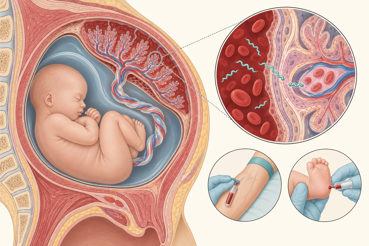 Corte do útero grávido mostrando a placenta, o cordão umbilical e o feto, com espiroquetas atravessando a barreira vilositária do sangue materno para a circulação fetal, e ao lado duas coletas de sangue periférico pareadas, uma do braço da mãe e outra do calcanhar do recém-nascido.