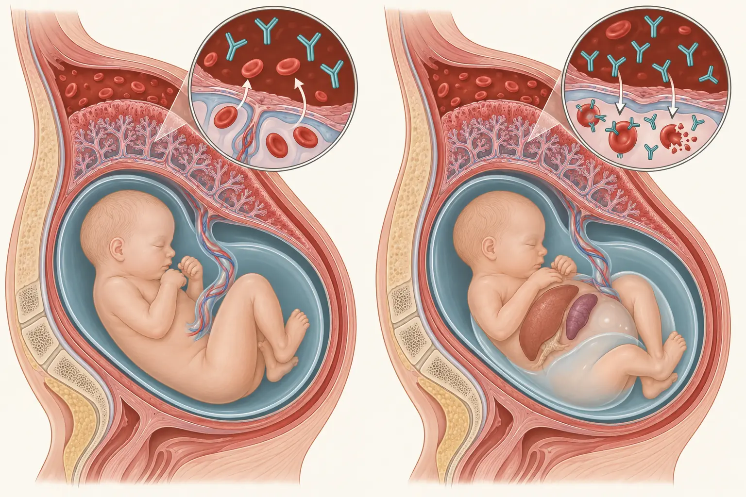 Duas gestações comparadas em corte: na primeira, os anticorpos maternos ficam do lado materno; na segunda, atravessam a placenta e destroem hemácias fetais, com fígado e baço aumentados e ascite.