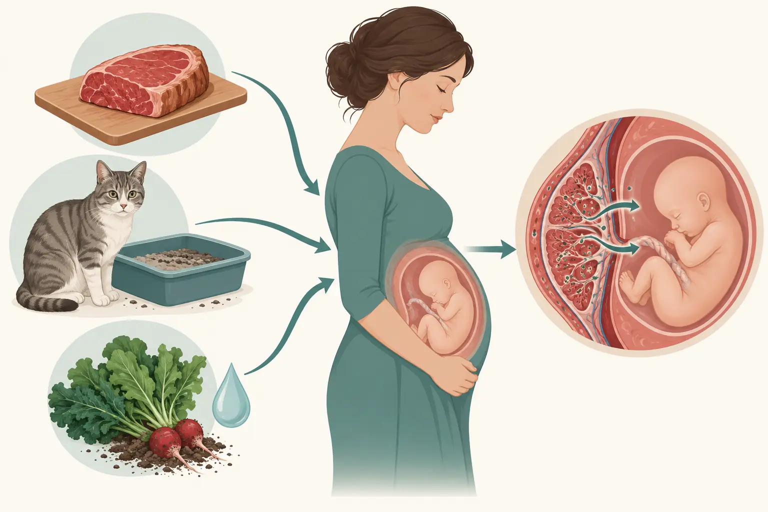 Ilustração com as três vias de infecção pelo Toxoplasma gondii — carne malcozida, oocistos do solo e das fezes de gato em vegetais e água, e passagem transplacentária — convergindo para a gestante e daí para o feto.