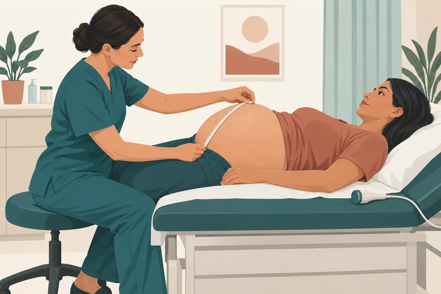Profissional de saúde mede a altura uterina de uma gestante deitada na maca, com fita métrica estendida da sínfise púbica ao fundo do útero; ao lado, o sonar Doppler.