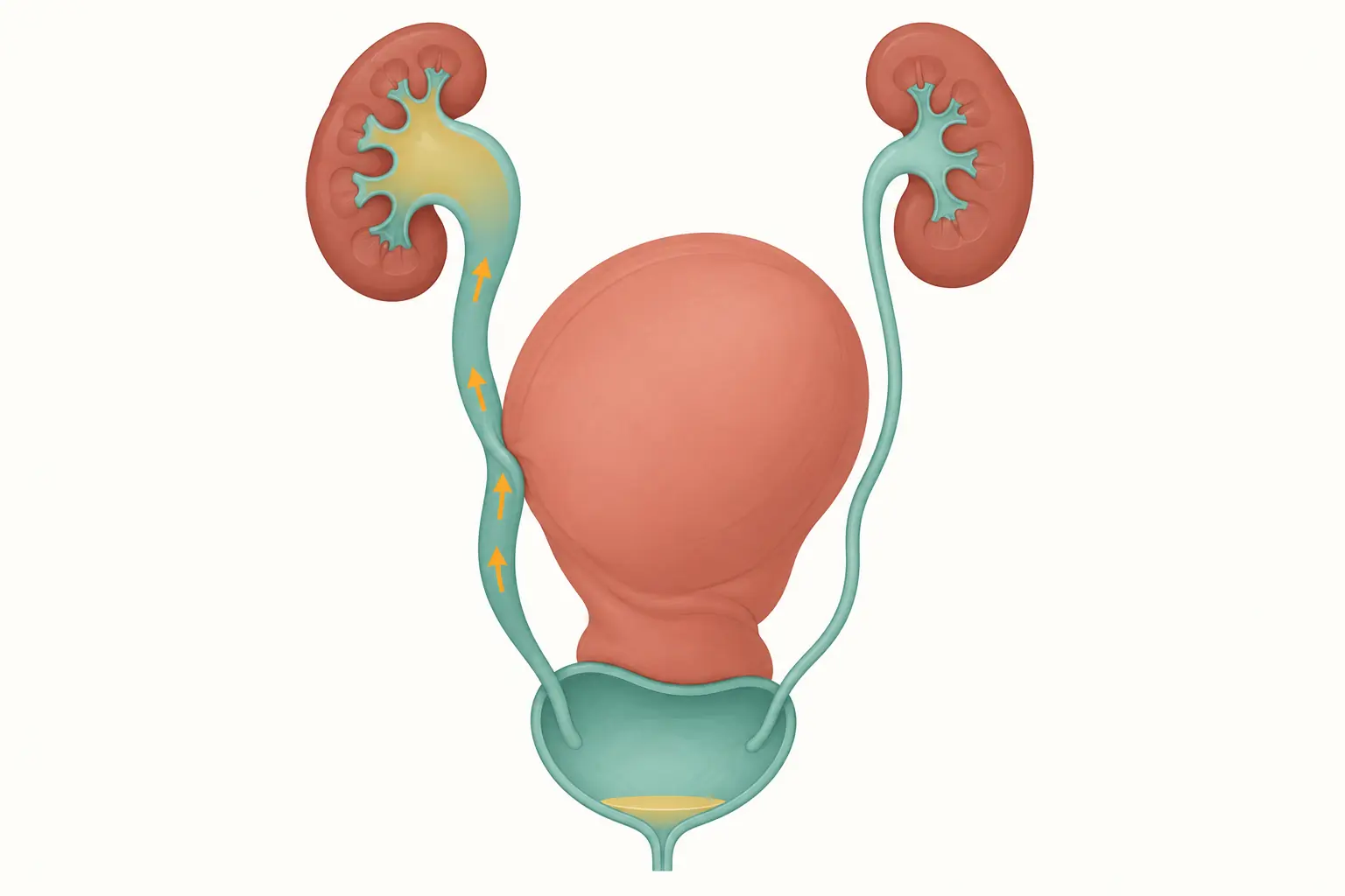 Ilustração do trato urinário de uma gestante em vista anterior: o útero rodado para a direita comprime o ureter direito, que aparece dilatado junto com a pelve renal direita, enquanto o lado esquerdo permanece estreito; setas ascendentes ao longo do ureter direito indicam o caminho da bactéria da bexiga para o rim.