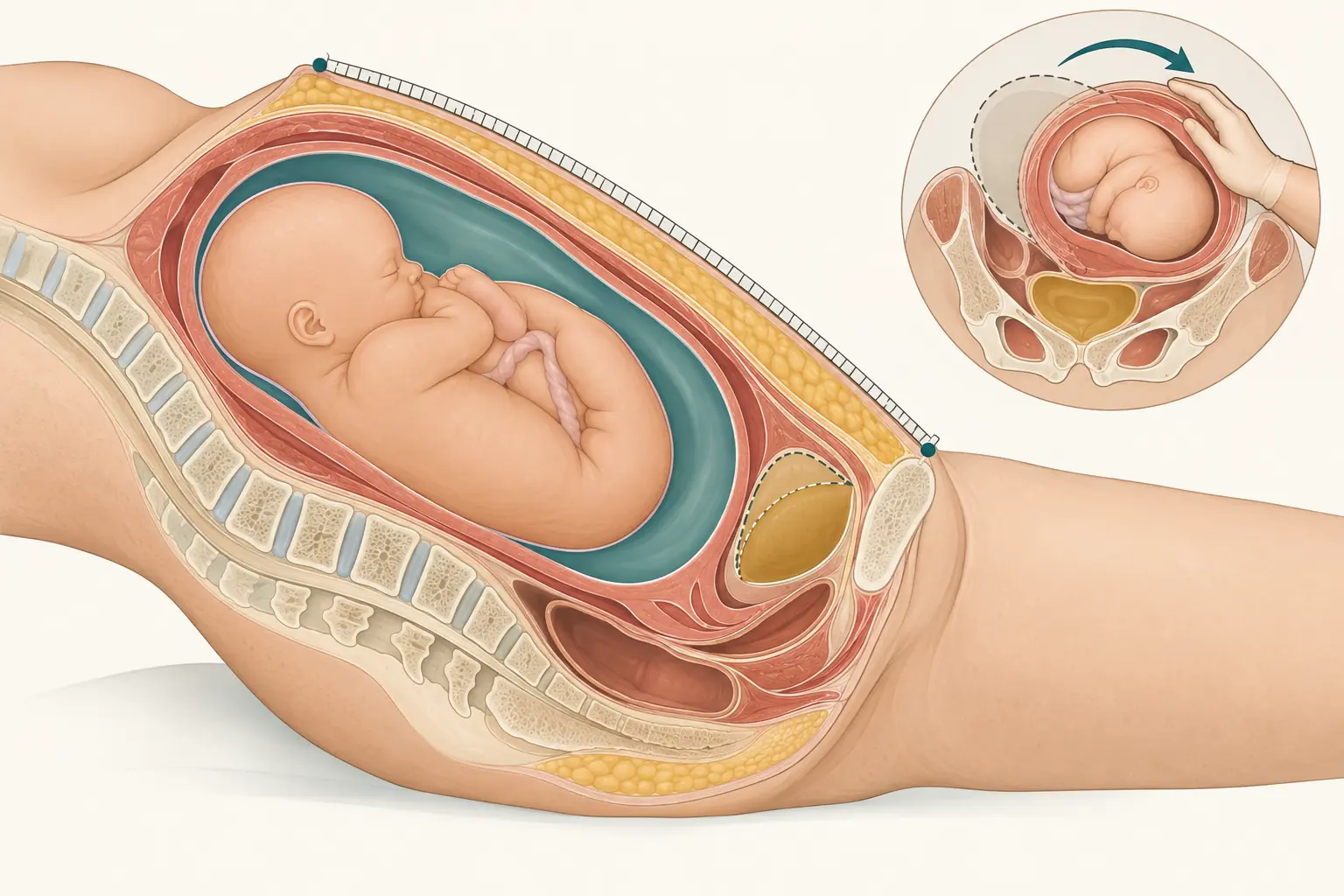 Corte sagital de abdome de gestante com fita métrica ligando a sínfise púbica ao fundo uterino, mostrando as camadas de subcutâneo, bexiga e líquido amniótico entre a fita e o feto, e um detalhe do útero rodado à direita.