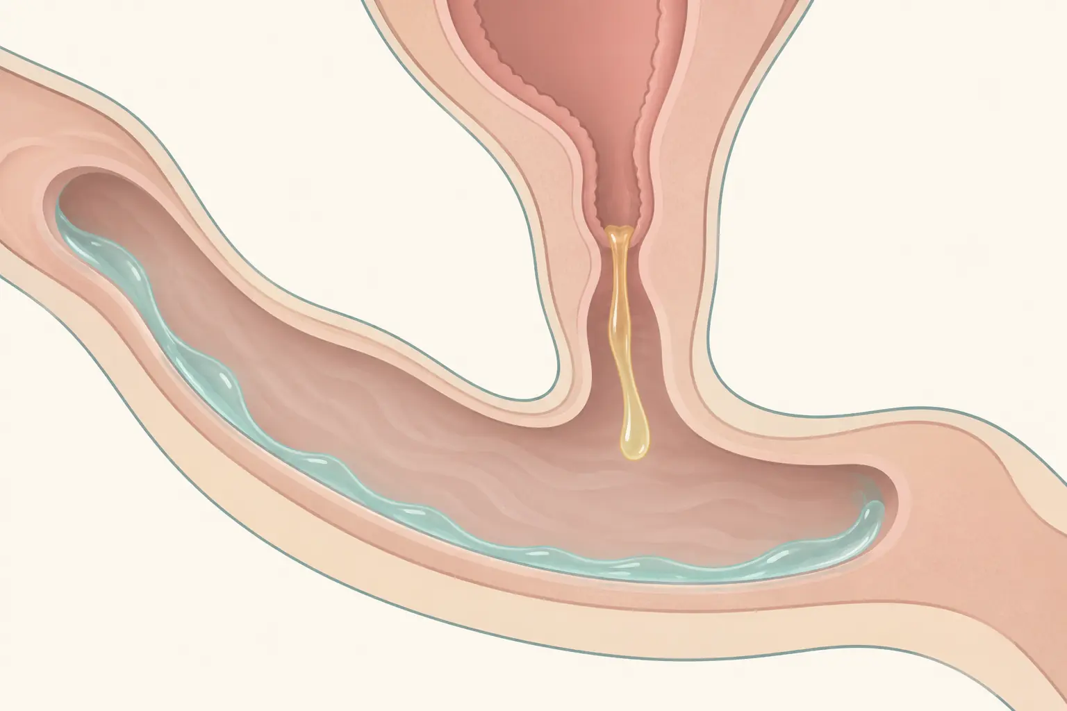 Corte sagital do trato genital inferior feminino, com o canal vaginal e o colo do útero, mostrando separadamente o conteúdo que se forma nas paredes da vagina e o muco que sai do orifício externo do colo.