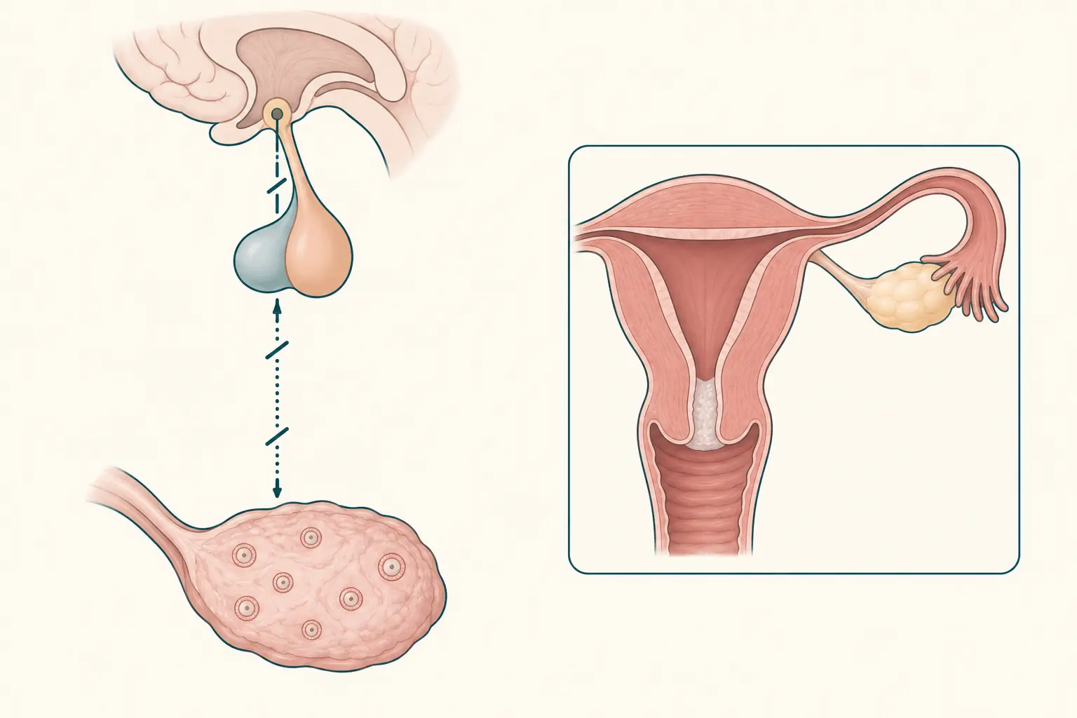 Esquema do eixo hipotálamo-hipófise-ovariano com sinal descendente interrompido e ovário sem folículo dominante; ao lado, corte do útero com endométrio fino, muco espesso no canal cervical e uma tuba uterina.