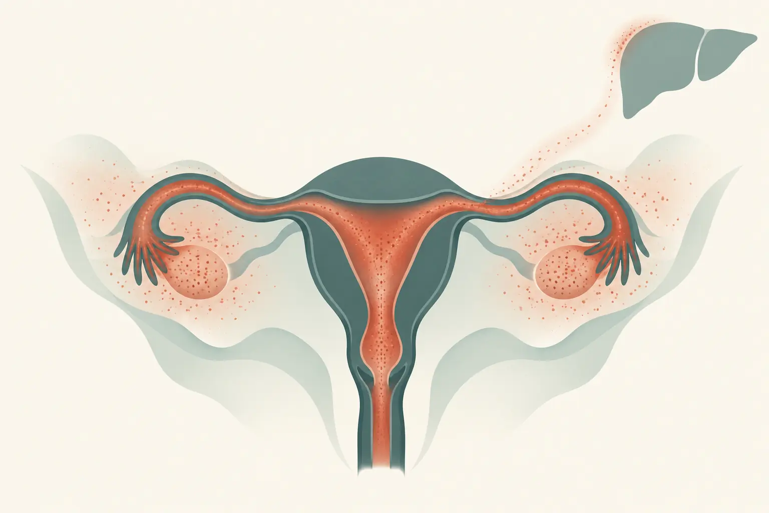 Corte coronal do trato genital feminino com a infecção subindo do colo do útero para o endométrio, seguindo pelas tubas até os ovários, difundindo-se no peritônio pélvico e com um prolongamento tênue até a cápsula hepática.