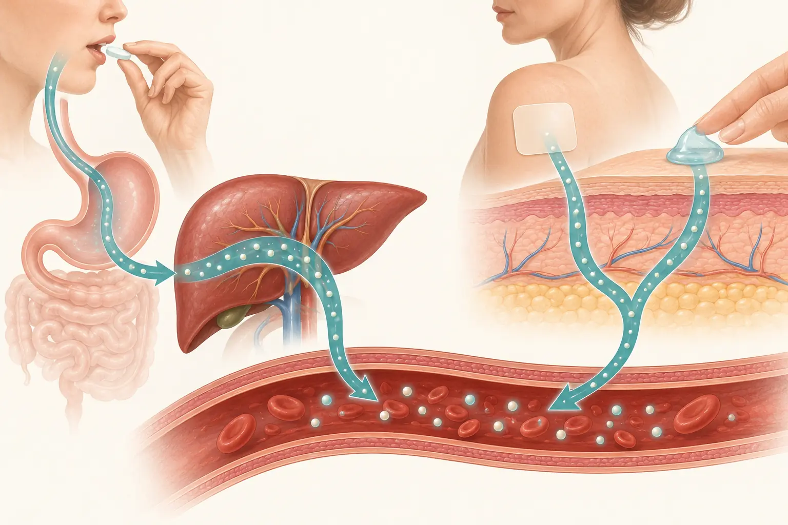 Ilustração comparando a via oral do estrogênio, que passa primeiro pelo fígado, com a via transdérmica, que alcança a artéria sem passagem hepática.