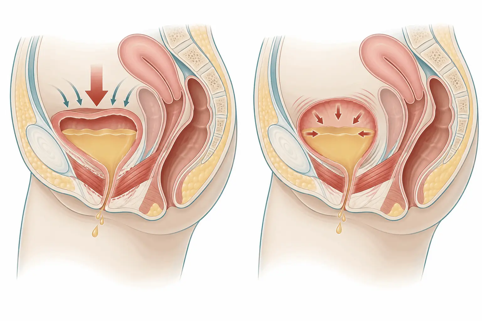 Corte sagital da pelve feminina em dois painéis: à esquerda, perda do suporte do colo vesical e da uretra proximal com a pressão abdominal vencendo o fechamento uretral; à direita, contração involuntária do detrusor durante o enchimento.