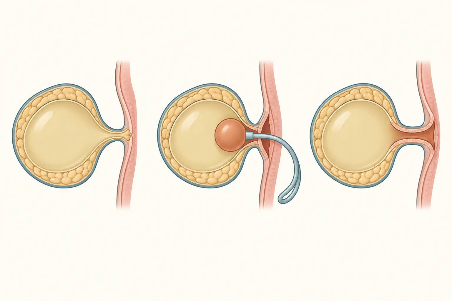 Três painéis esquemáticos do mesmo corte da glândula vestibular e de seu ducto: no primeiro, o ducto está fechado na saída e a glândula aparece distendida como cavidade cheia de líquido; no segundo, uma pequena incisão na borda da mucosa dá passagem a um cateter cujo balão insuflado ocupa a cavidade e mantém as bordas afastadas; no terceiro, o cateter já saiu e o caminho permanece aberto, com parede revestida de forma contínua entre a cavidade e a mucosa.