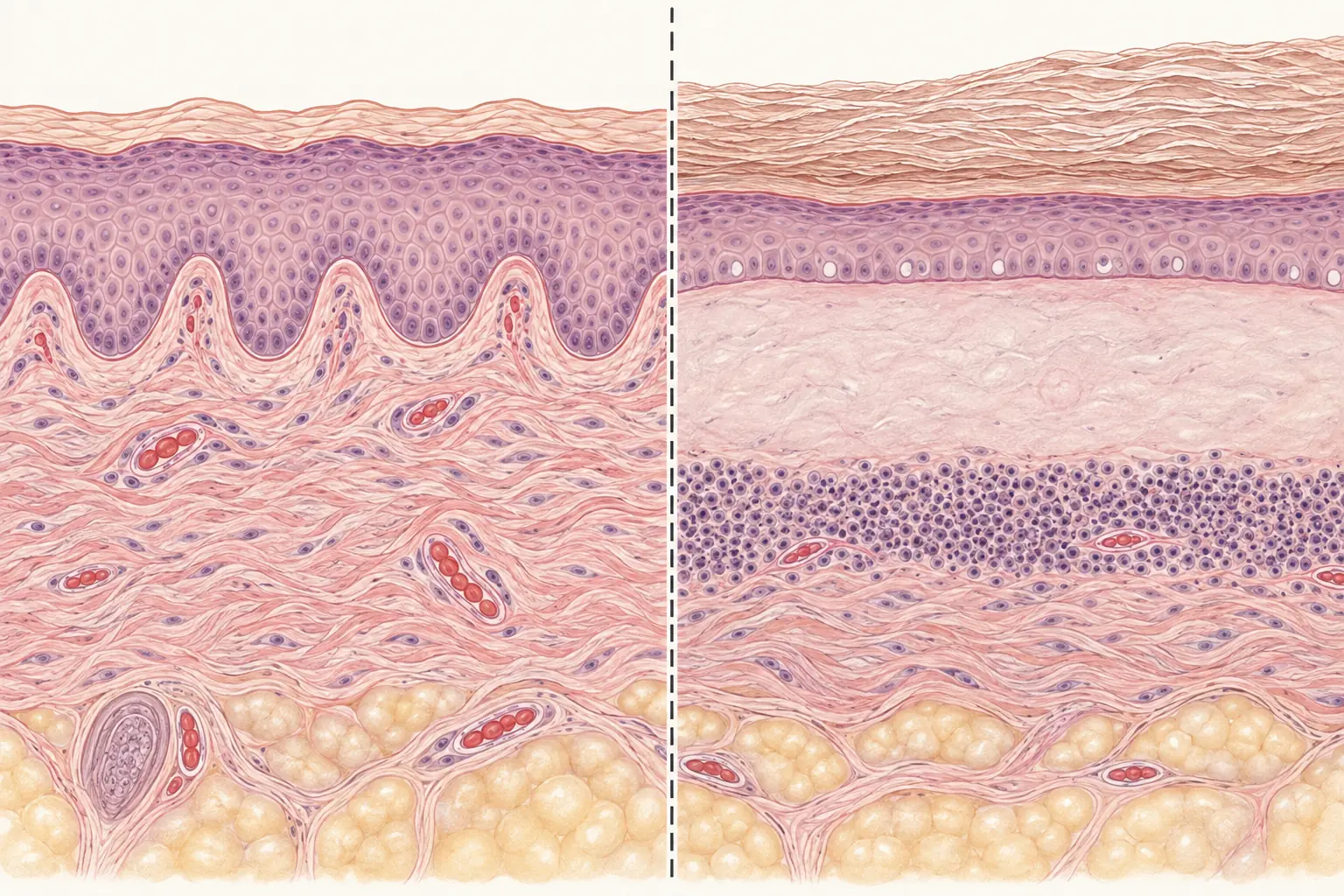 Corte histológico esquemático comparando pele normal e pele com líquen escleroso: à direita, epiderme adelgaçada com camada córnea espessada, faixa homogênea e clara logo abaixo da junção, e faixa de células inflamatórias em banda por baixo dela.