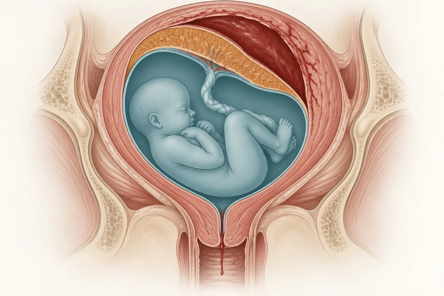Corte coronal de útero gravídico: placenta inserida no fundo, grande coleção de sangue retida entre a placenta e a parede uterina, sangue infiltrando a musculatura, feto no interior da cavidade e apenas um filete escapando pelo colo.