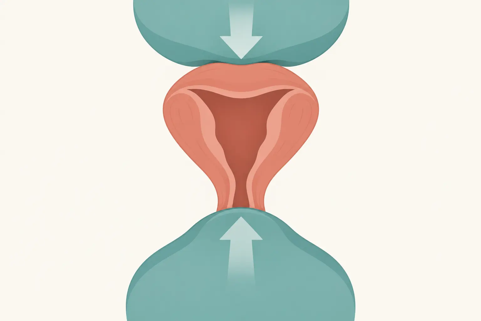 Corte sagital mostrando a compressão uterina bimanual: uma mão em punho no fórnice vaginal anterior eleva o útero enquanto a outra mão comprime o fundo uterino pela parede abdominal.