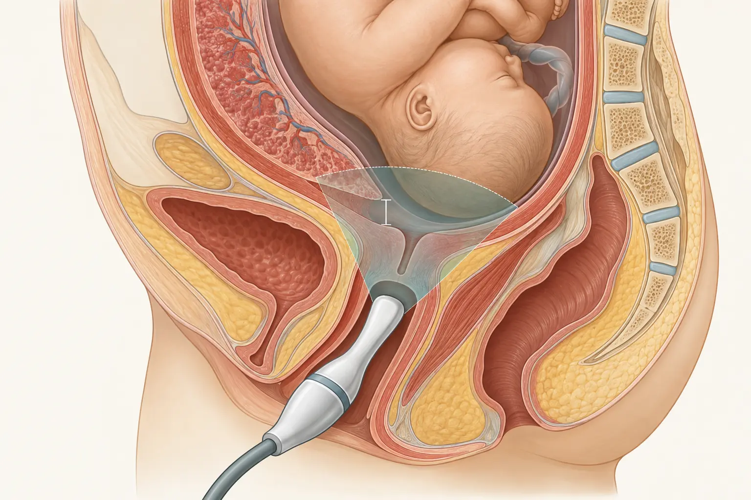 Corte sagital do segmento inferior do útero com o transdutor transvaginal parado a distância do colo, o feixe de ultrassom abrangendo o orifício interno e a borda inferior da placenta.