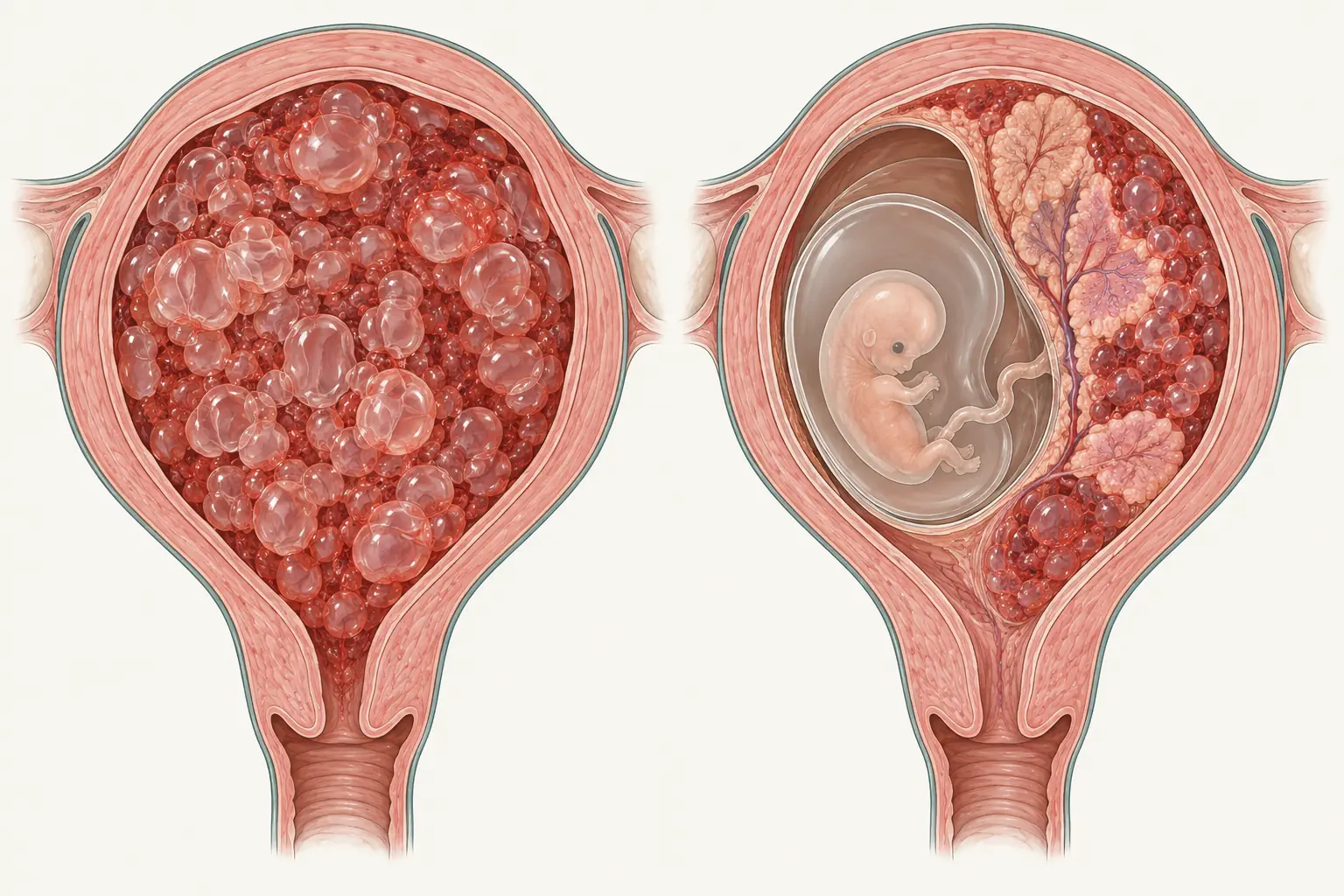 Corte de dois úteros lado a lado: à esquerda, cavidade tomada por vesículas uniformes sem qualquer estrutura fetal; à direita, feto pequeno e malformado ao lado de placenta parcialmente vesicular.