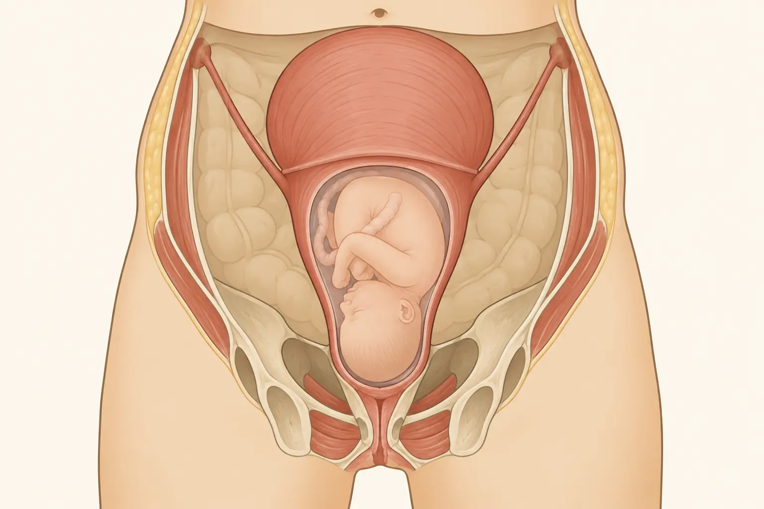 Esquema de útero gravídico visto de frente: a porção superior é espessa e globosa, a porção inferior é fina e alongada, e um sulco transversal alto separa as duas; dois ligamentos redondos aparecem retesados, partindo do fundo uterino em direção às regiões inguinais.