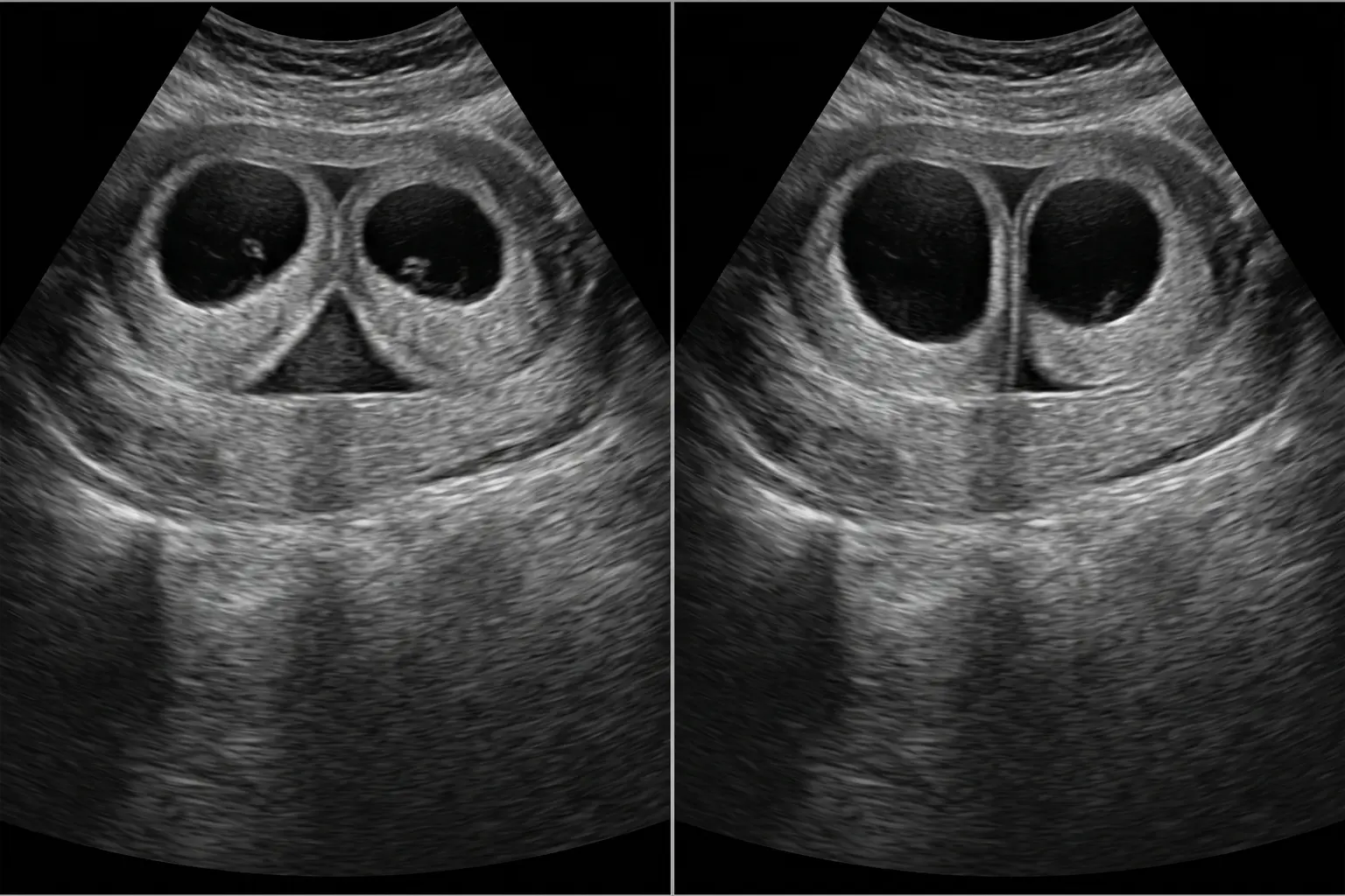 Dois quadros de ultrassonografia esquematizada: no primeiro, a membrana que separa os fetos encontra a placenta formando uma cunha triangular de tecido; no segundo, encontra a placenta em ângulo reto, sem cunha. Abaixo, uma linha do tempo com marcas em onze e quatorze semanas, esmaecida depois de quatorze.