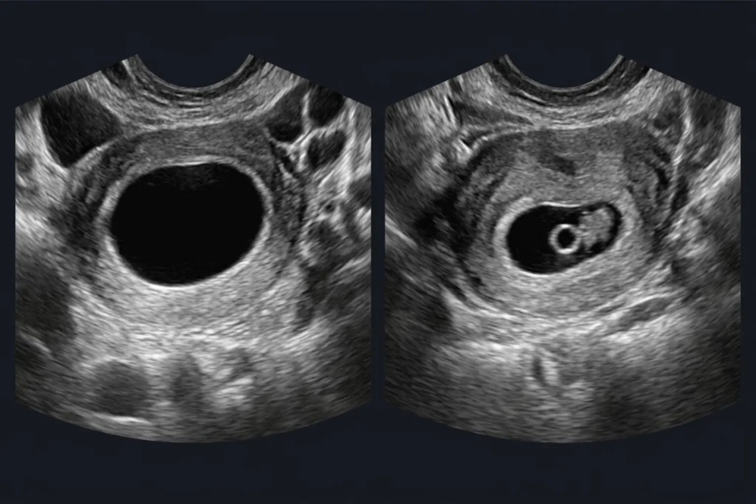 Duas imagens esquemáticas de ultrassonografia transvaginal lado a lado: à esquerda, saco gestacional grande de interior completamente vazio, sem vesícula vitelínica e sem embrião; à direita, saco gestacional contendo embrião ao lado da vesícula vitelínica, com o embrião desenhado sem qualquer marca de atividade cardíaca.