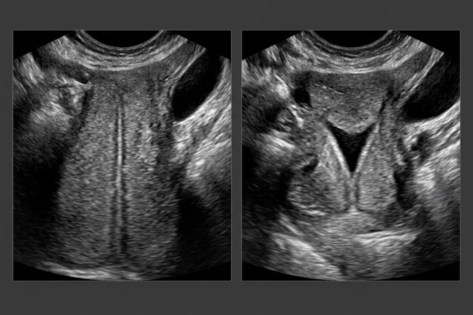 Ilustração comparando um colo uterino longo e fechado com um colo encurtado e afunilado, como vistos à ultrassonografia transvaginal.