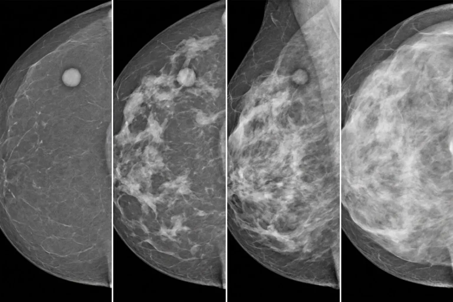 Quatro mamas em progressão de densidade, da quase inteiramente adiposa à extremamente densa, cada uma com o mesmo nódulo pequeno no quadrante superior externo: nítido na primeira e praticamente invisível na última.
