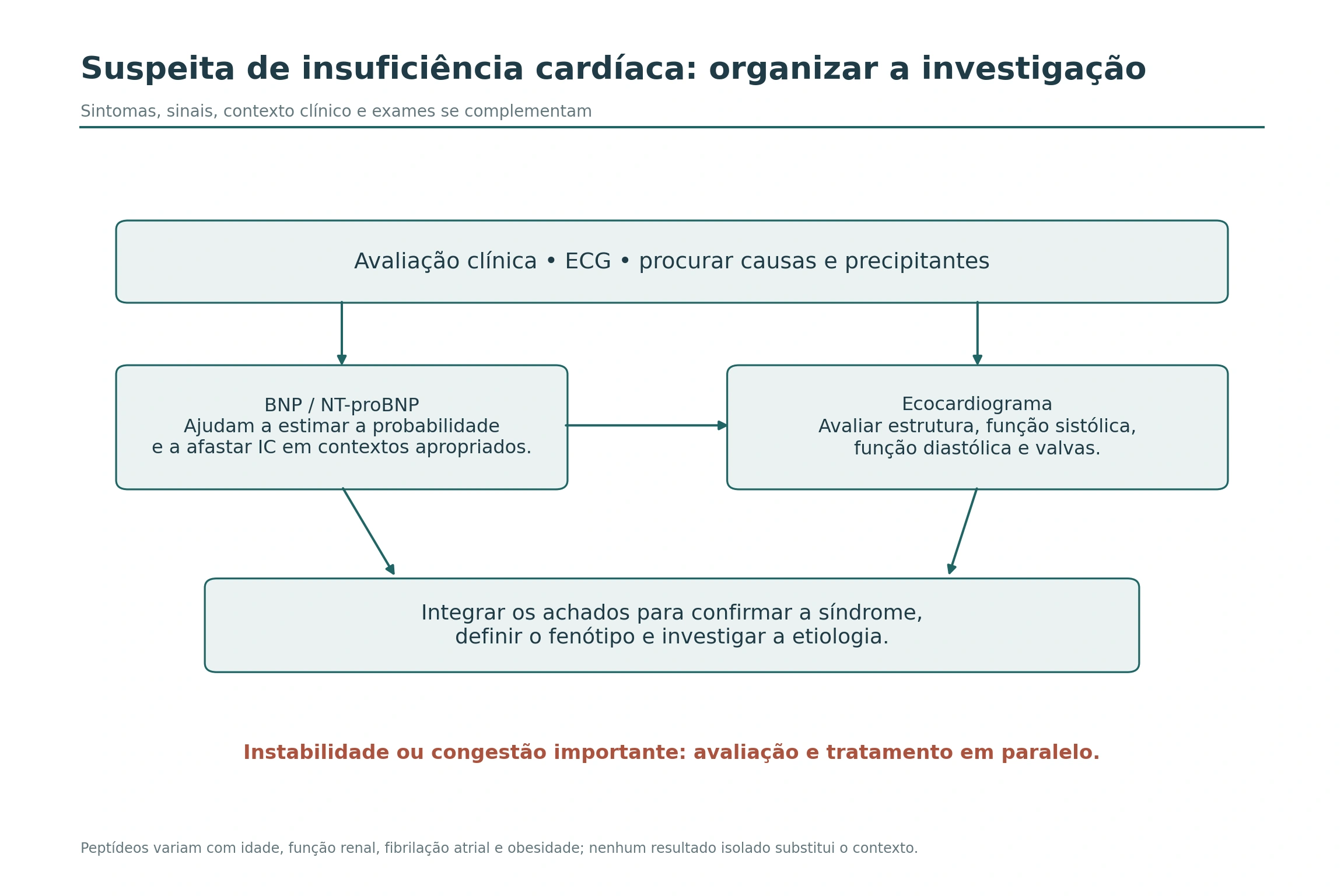 Avaliação clínica, peptídeos natriuréticos e ecocardiograma integrados na suspeita de insuficiência cardíaca.