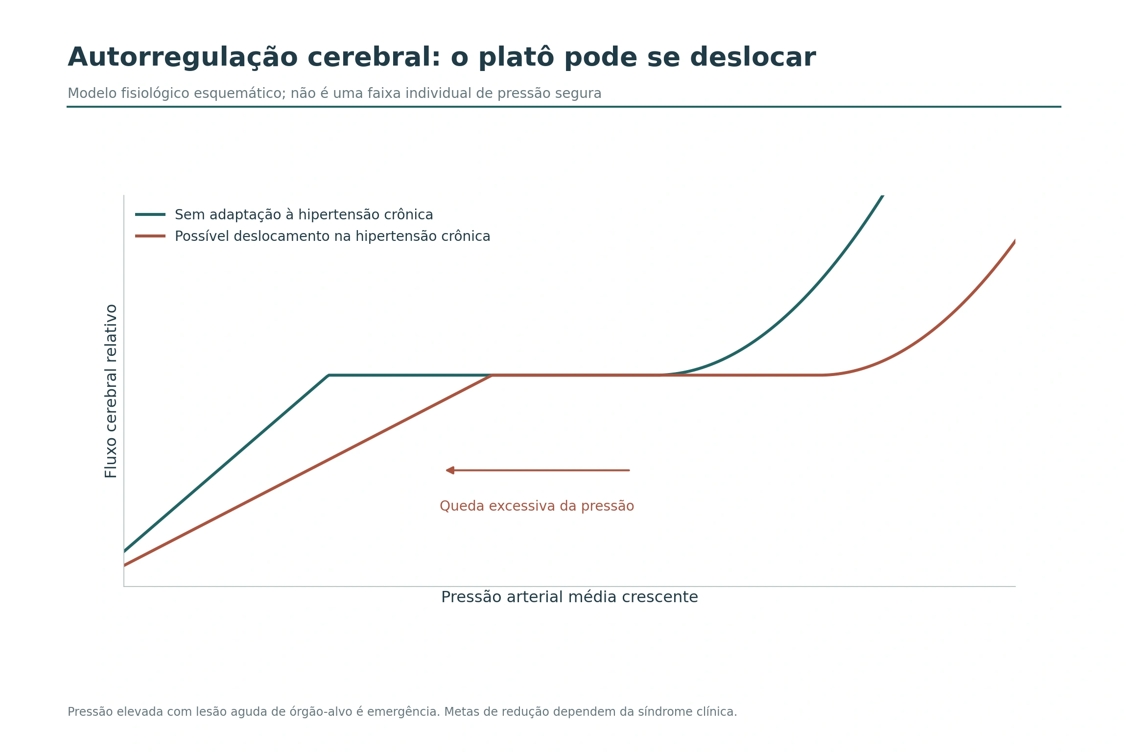 Curvas de autorregulação cerebral com platôs na mesma altura e deslocamento para a direita na hipertensão crônica.