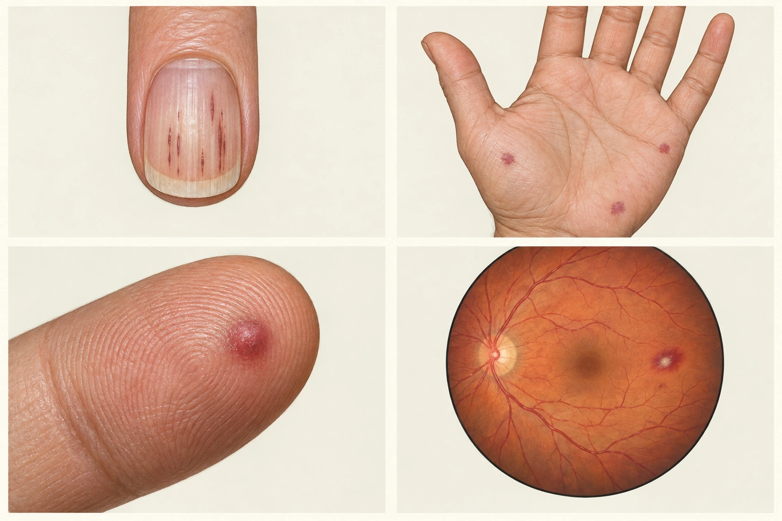 Hemorragias subungueais, máculas palmares, nódulo na polpa digital e hemorragia retiniana de centro claro.