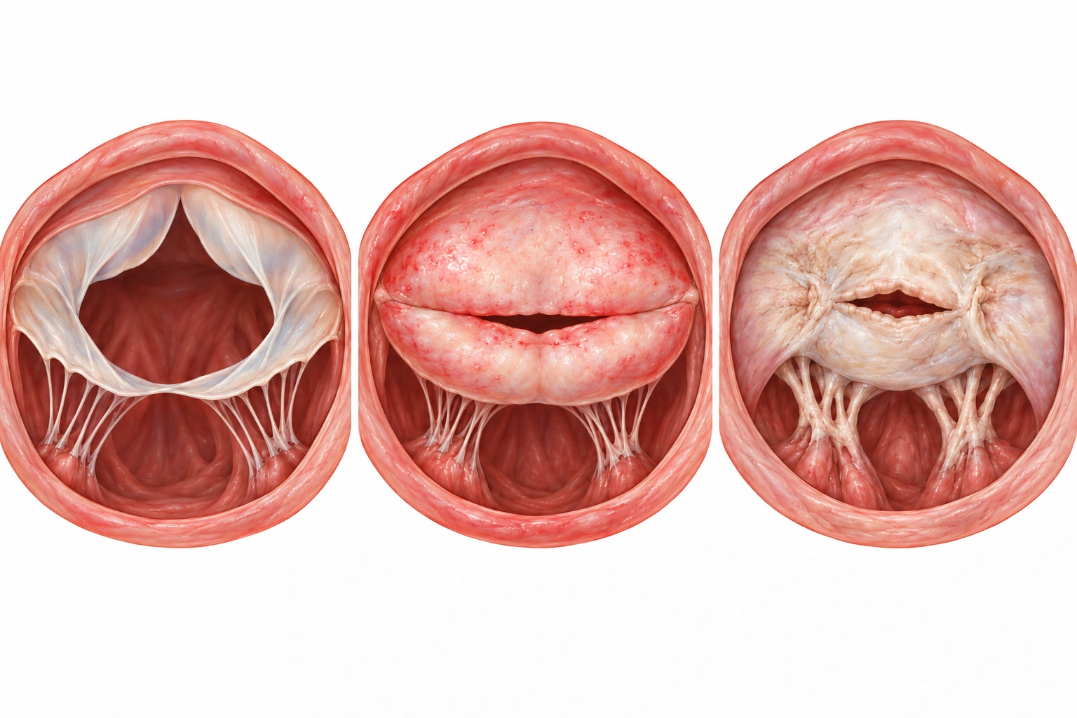Valva mitral normal, valvulite com falha de coaptação e valva reumática crônica com fusão comissural.