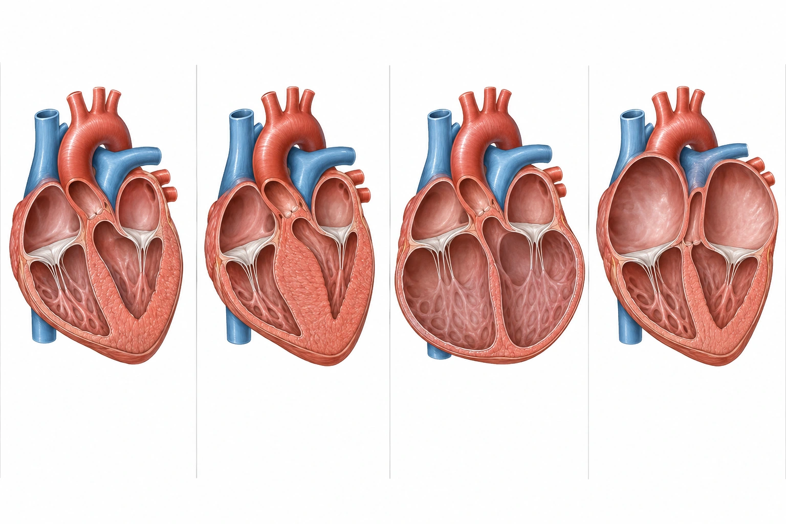 Quatro corações em corte: normal, hipertrofia septal assimétrica, dilatação ventricular e padrão restritivo com aumento biatrial.