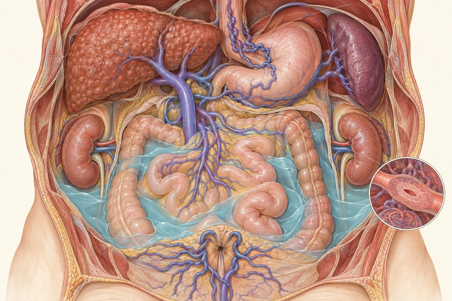Abdome com fígado nodular, colaterais portossistêmicas e ascite; detalhe de vasoconstrição arteriolar renal.