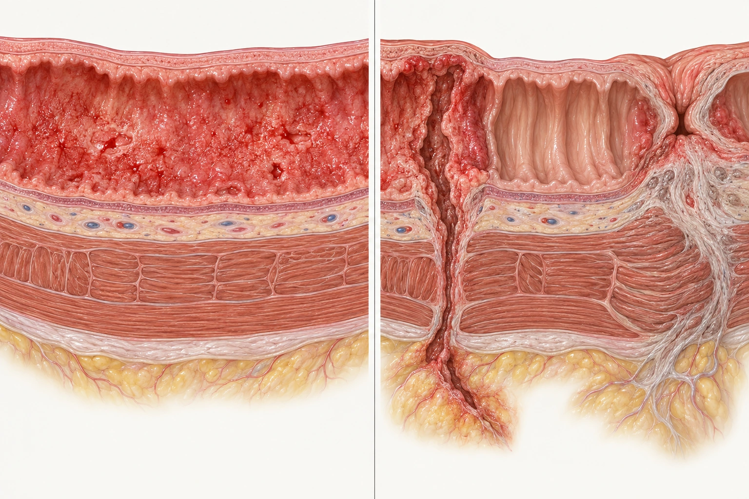 Parede intestinal com inflamação mucosa contínua à esquerda e inflamação transmural salteada, fístula e estenose à direita.