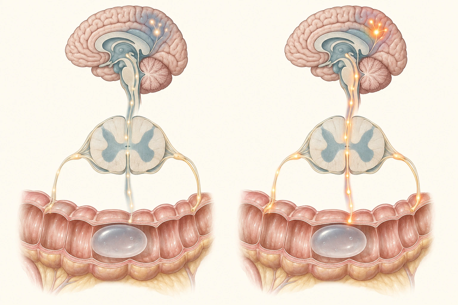 Mesma distensão do cólon com diferentes intensidades de sinalização sensorial no eixo intestino-medula-cérebro.