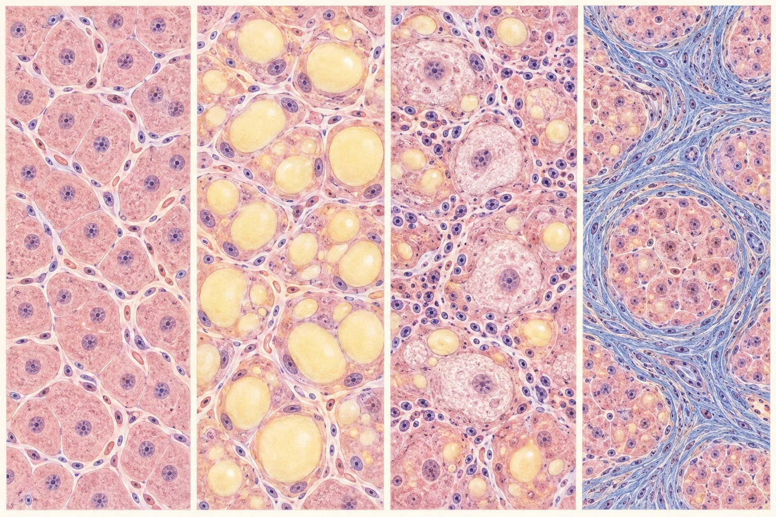 Quatro padrões hepáticos: normal, esteatose macrovesicular, esteato-hepatite e fibrose em pontes.