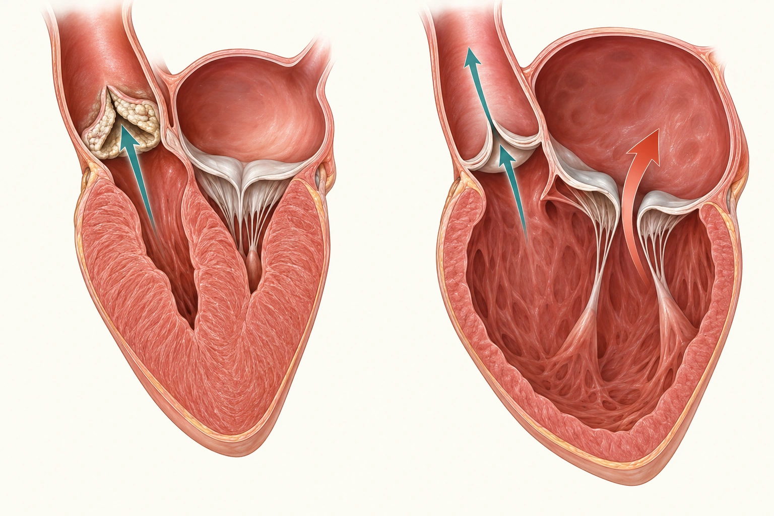 Estenose aórtica com hipertrofia ventricular concêntrica versus insuficiência mitral crônica com dilatação de átrio e ventrículo.
