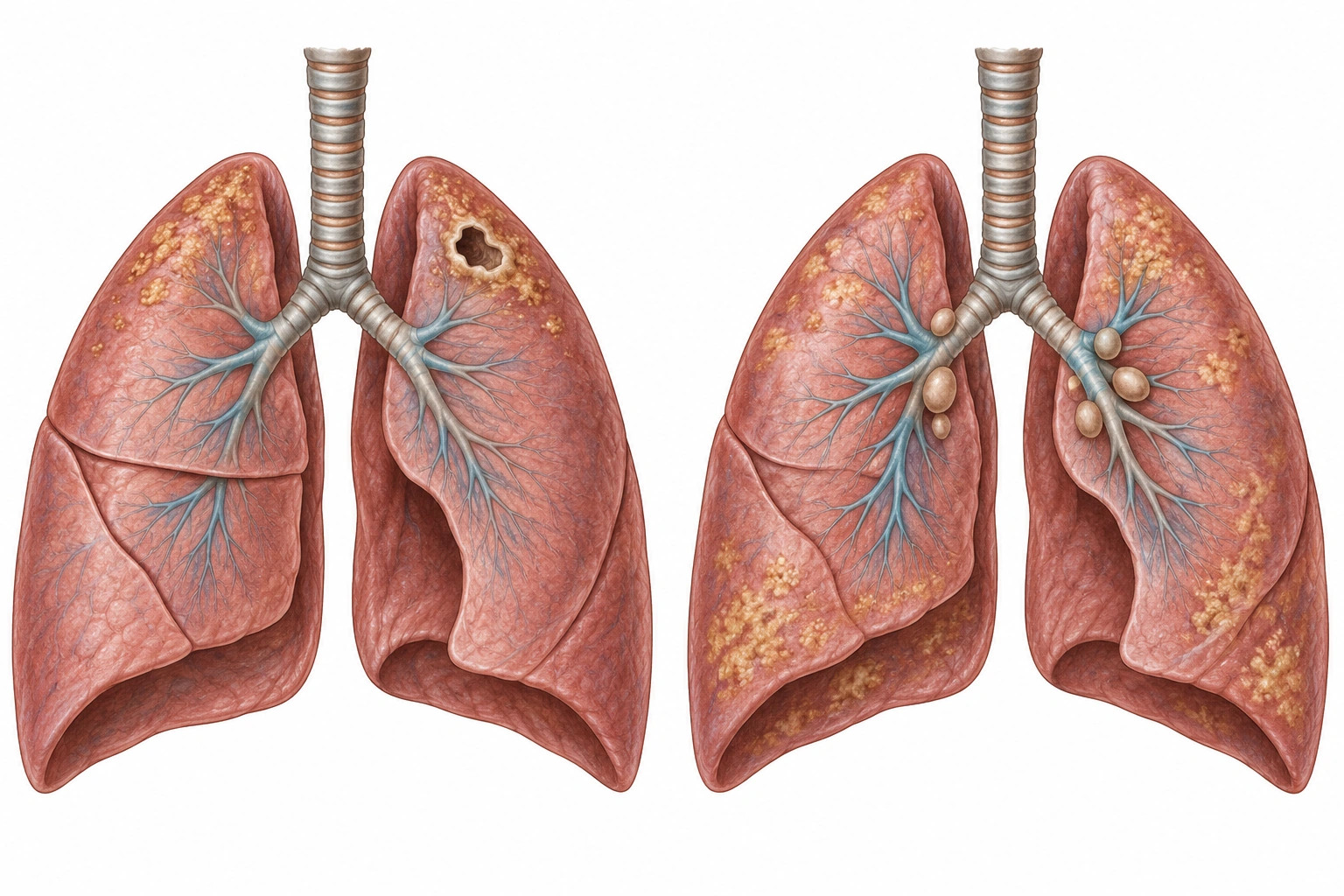 Dois padrões anatômicos esquemáticos de tuberculose pulmonar: apical com cavitação e difuso com adenomegalias hilares.