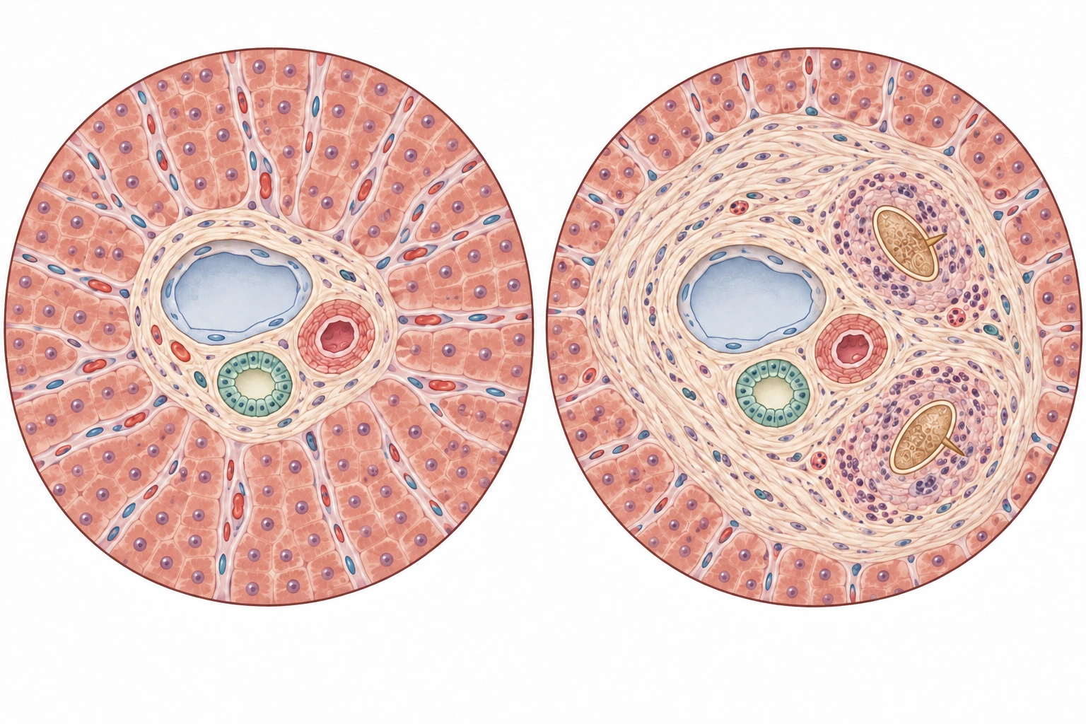 Espaço porta normal e fibrose periportal com granulomas em torno de ovos de Schistosoma mansoni, com espículas laterais.